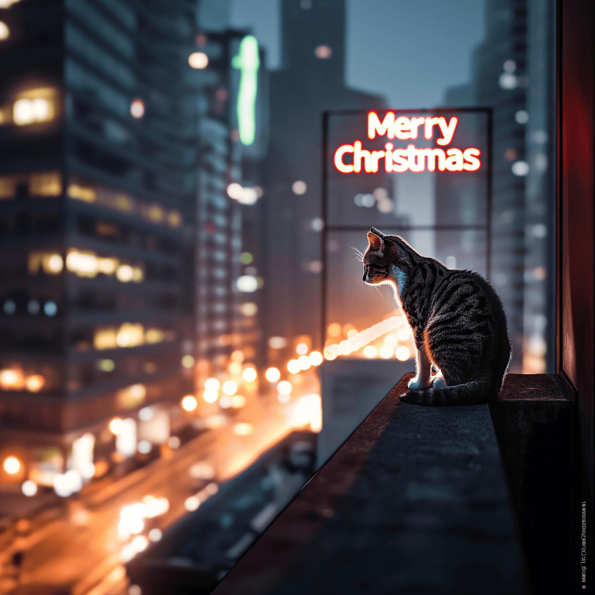 AI generated: cat looking out onto a rooftop from a high ledge in the city, under a big neon sign text "Merry Chri...