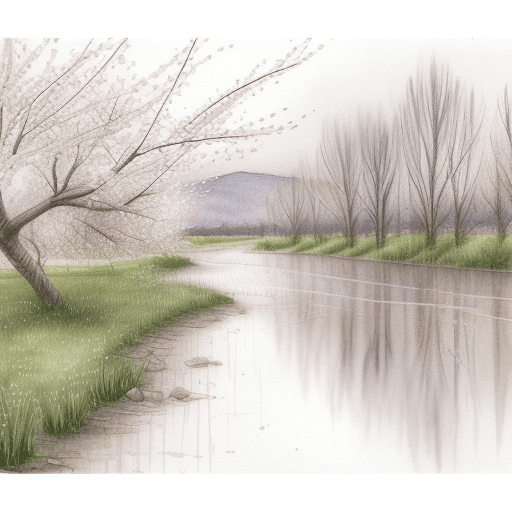 AI generated: spring,willow，rain,river.pencil watercolor style