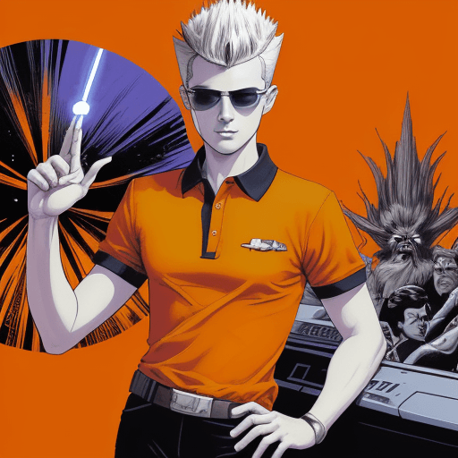 AI generated: A young man with spiky hairstyle in a polo shirt, wear a sunglasses inside a large spaceship, in the...