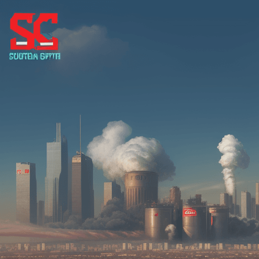 AI generated: city of pollution in the sky, Southern Company logo on middle, close up, 