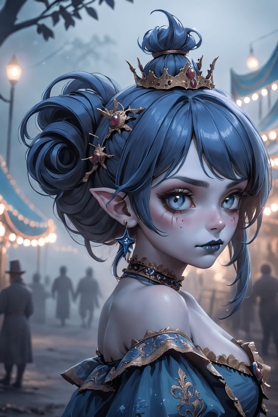 AI generated: Abandoned haunted carnival Beautiful goblin woman portrait wearing blue, elaborate updo hairstyle, a...