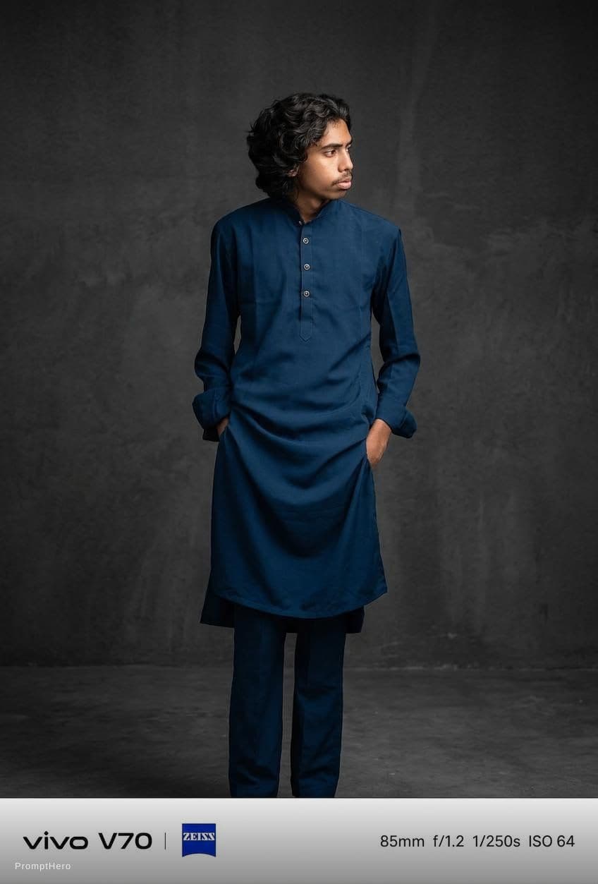 AI generated: photograph, full-body, young man professional model pose, minimalist fashion, stylish nessy long hai...
