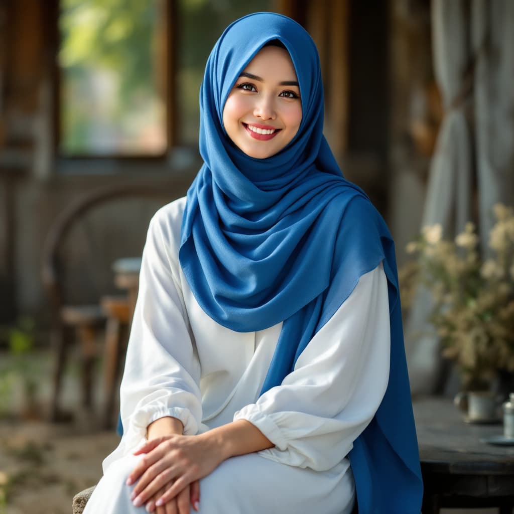 AI generated: a beautiful south asia lady with dress by hijab, blue color hijab and white dress, sitting on the ch...