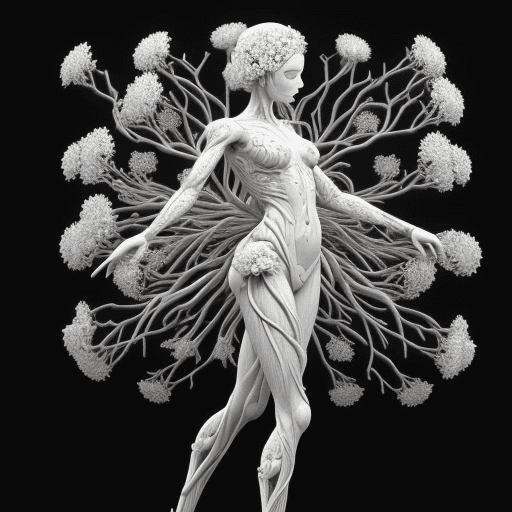 AI generated: 3d woman in flowers with human and flower shaped branches, in the style of medical imaging film., se...