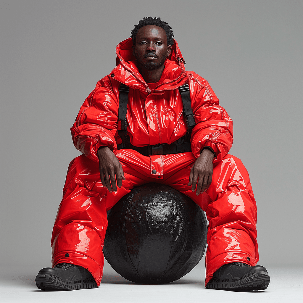AI generated: ale model in a large red down jacket and overalls sits on a black ball on a white background, photo ...