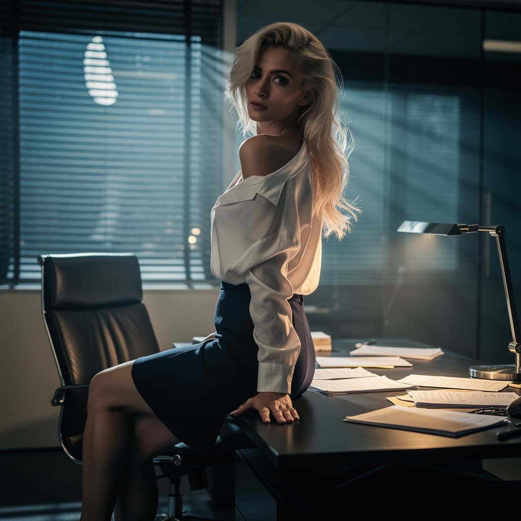 AI generated: A raw, seductive moment of a woman perched on the edge of a sleek office desk, blouse unbuttoned and...