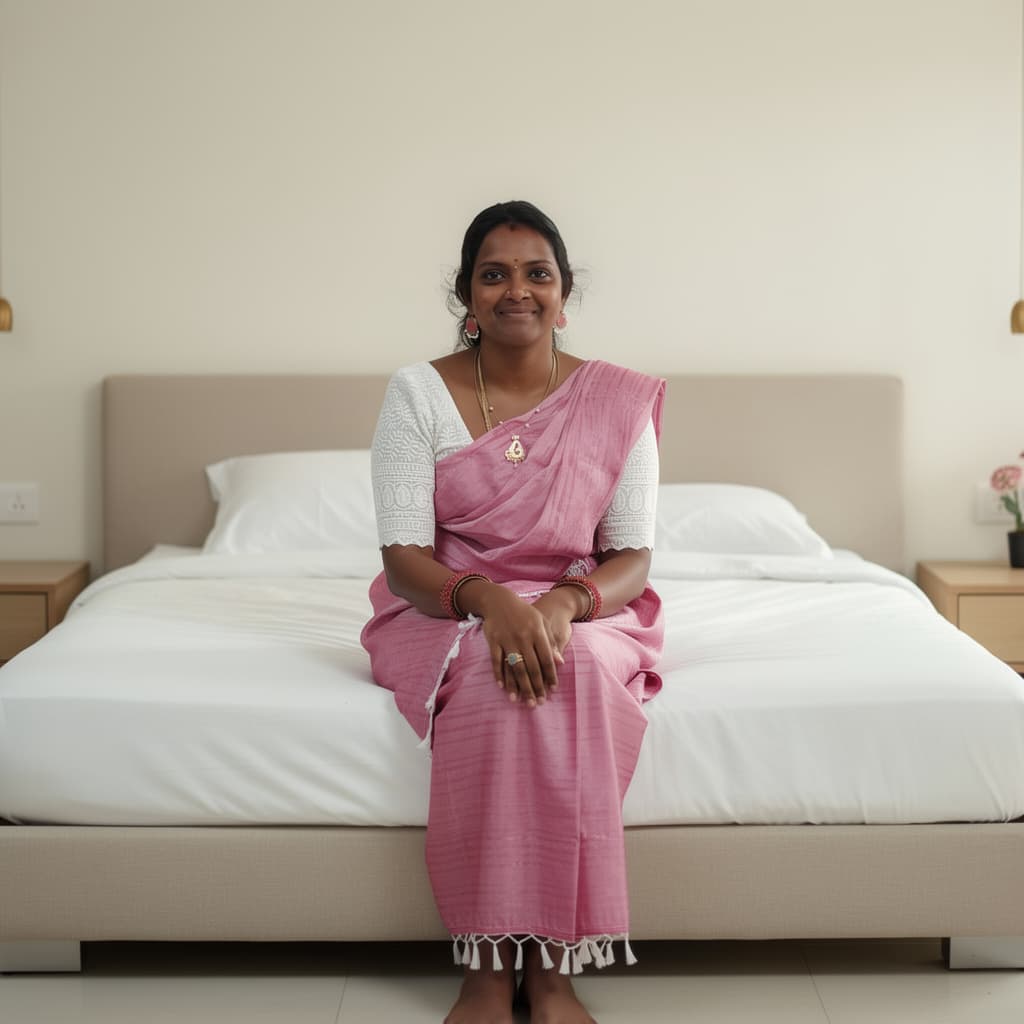 AI generated: In a tranquil minimalist bedroom, a poised woman sits on a low modern platform