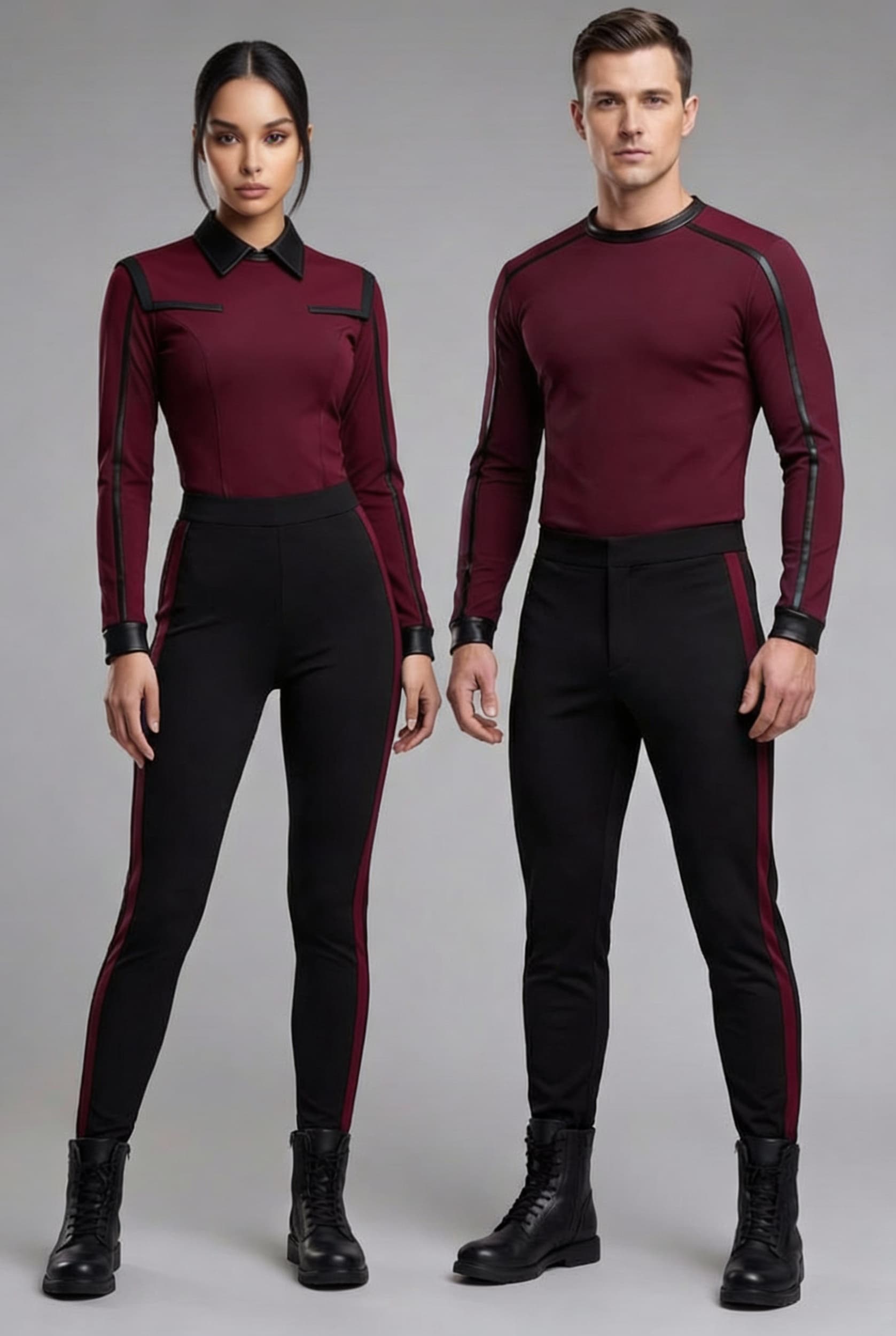 AI generated: Create a Sci-Fi uniform. Use the reference image and turn all blue to red. The color of the uniform ...
