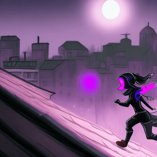 AI generated: A rogue running along roof tops dressed in black with glowing purple eyes.