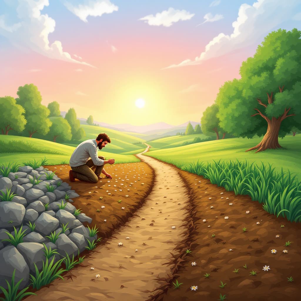 AI generated: 3.	"The Sower and the Seeds"
A man sowing seeds in four different types of soil: rocky ground, thorn...
