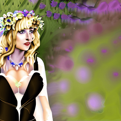 AI generated: Lady with floral headdress, blonde hair, blue eyes, seductive attire, garden, sunny day, realistic t...