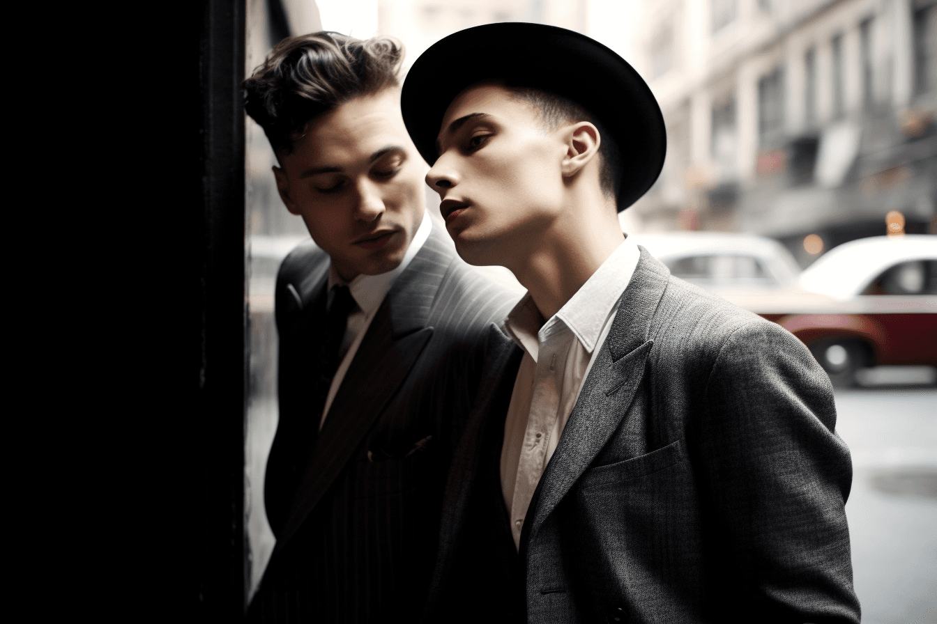 AI generated: Two beautiful men 18 yo standing in front of us, A nostalgic photograph capturing the essence of Chi...