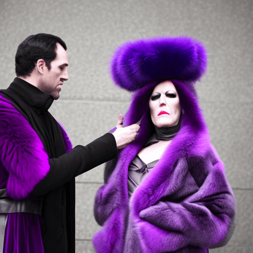 AI generated: a evil woman in a purple fur coat hypnotizing a man