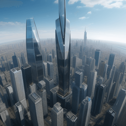 AI generated: Futuristic skyscrapers 4k HD eagle eye and lots of people