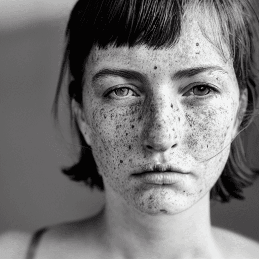 AI generated: detailed and realistic portrait of a woman with a few freckles, round eyes and short messy hair shot...