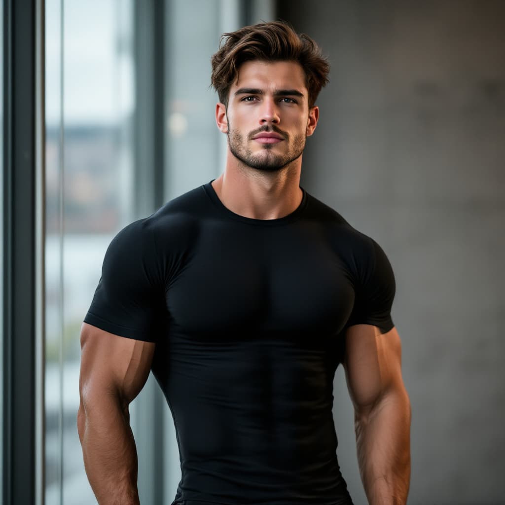 AI generated: Image of a 25-year-old white American man, thick brunette hair with light wave, mocha tee hugging at...