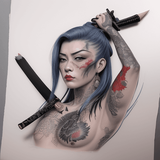 AI generated: Estilo realismo, modo de tinta de tatuagem realista e colorida, tatuagem no braço de um samurai trad...