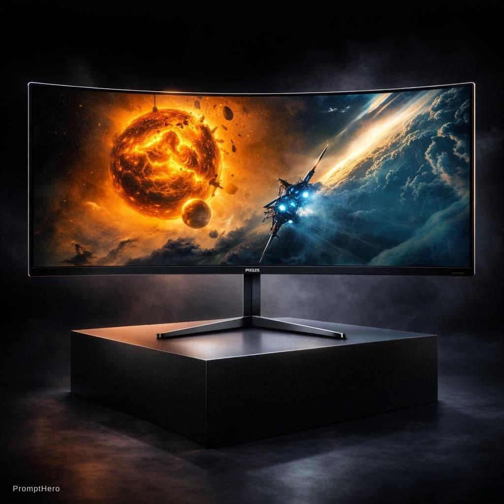 AI generated: "Ultra-realistic 4K product advertisement of a curved gaming monitor, keep original monitor design a...