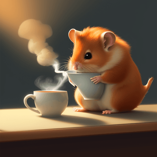 AI generated: ginger hamster sitting on a desk, drinking from a large steaming cup of tea.
Warm lighting, calm moo...