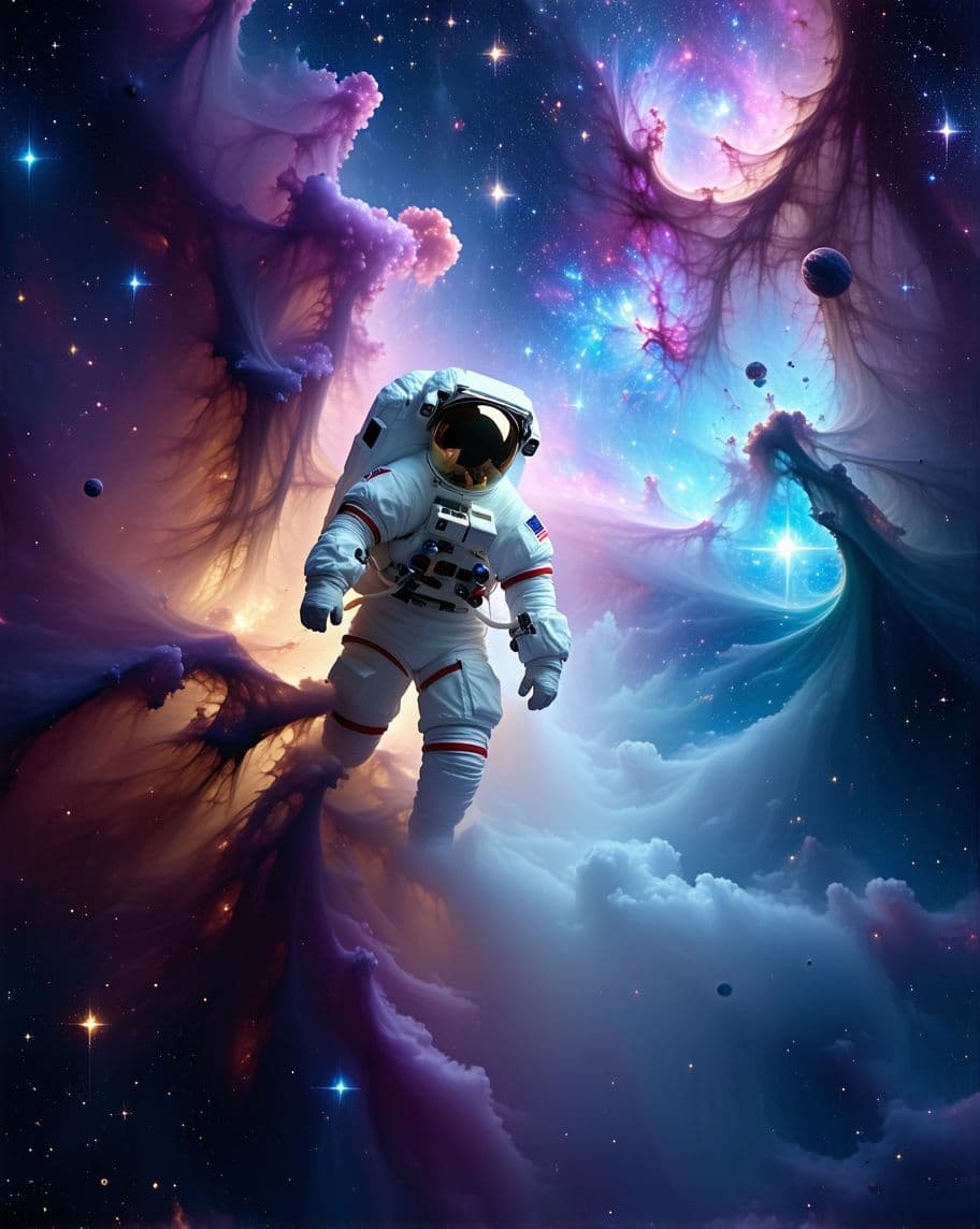 AI generated: "A lone astronaut floating in deep space, surrounded by colorful cosmic nebulae, glowing stars, a su...