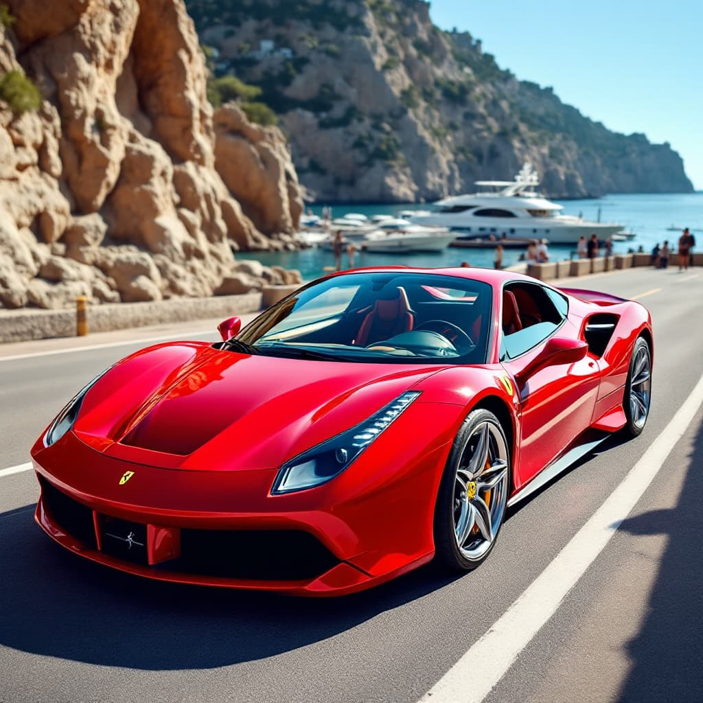 AI generated: red ferrari 458, clean, with chrome rims, recently bought from a salon. ferrari driving along the se...
