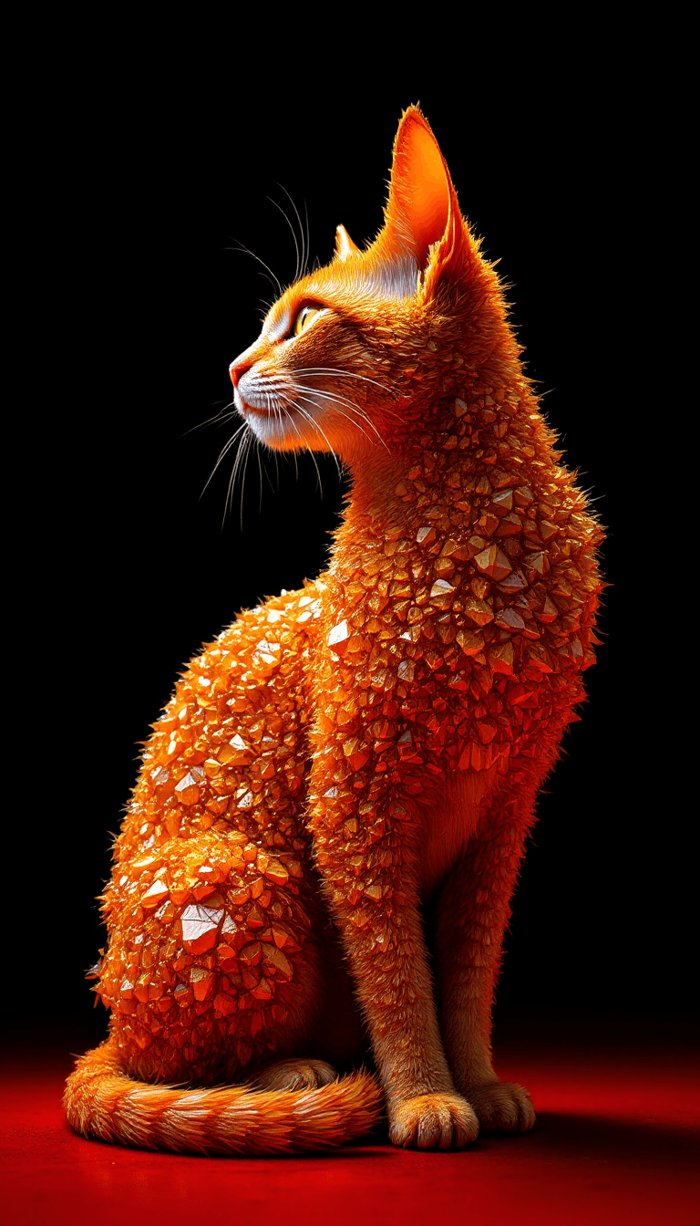 AI generated: A gold tabby made from rough orange crystals, in profile, side view, surrealism, pencils, fashion il...