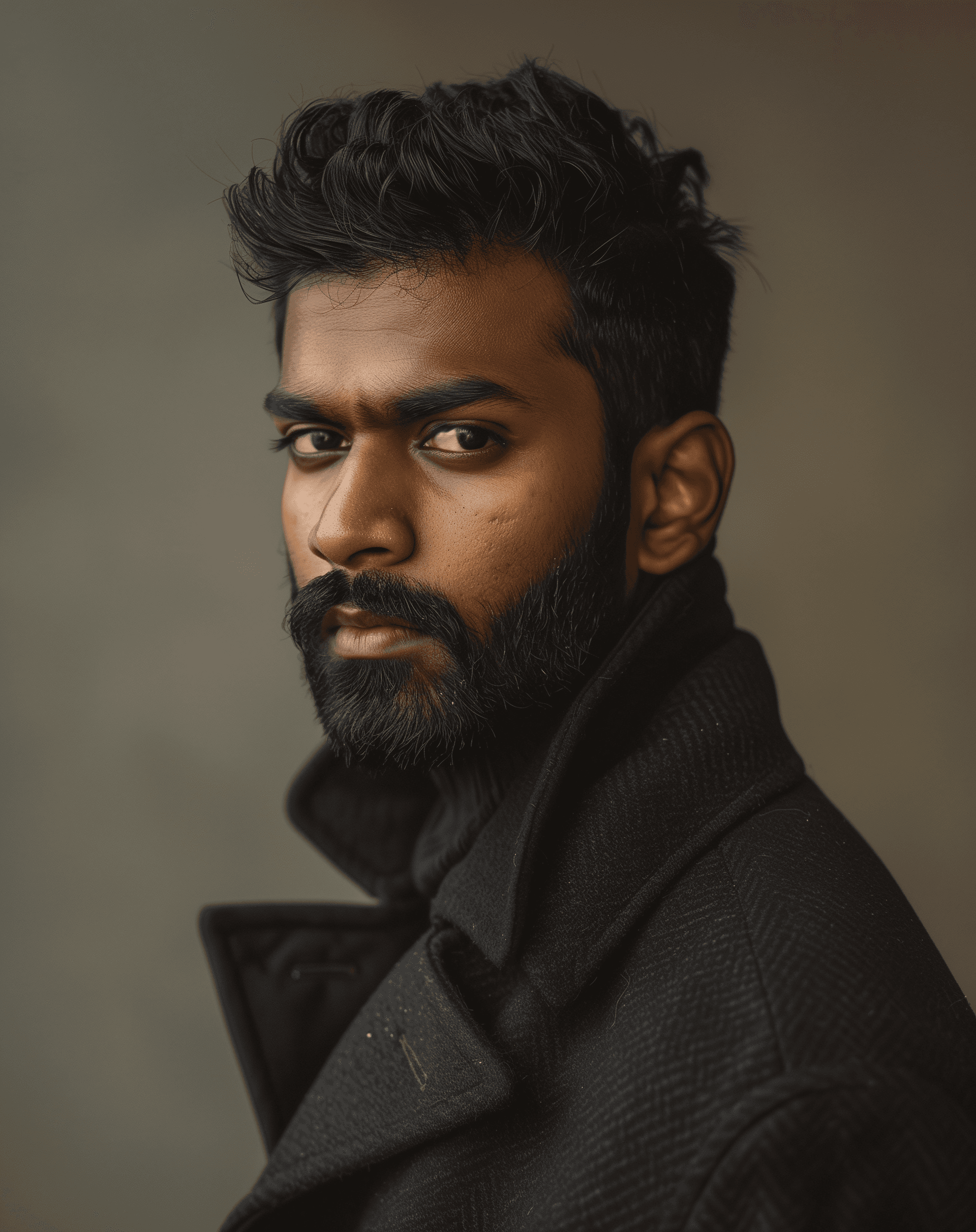 AI generated: headshot of a man, aerial view profile picture, handsome Indian man with black hair and short beard ...