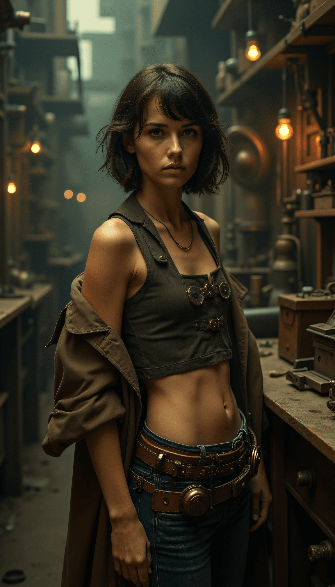AI generated: dystopian style Slim young woman with tousled short hair adjusting brass gadgets on her utility belt...