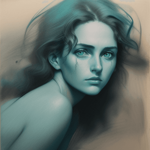 AI generated: An expressionist charcoal sketch, a stunningly beautiful woman with piercing blue-green eyes, bold, ...