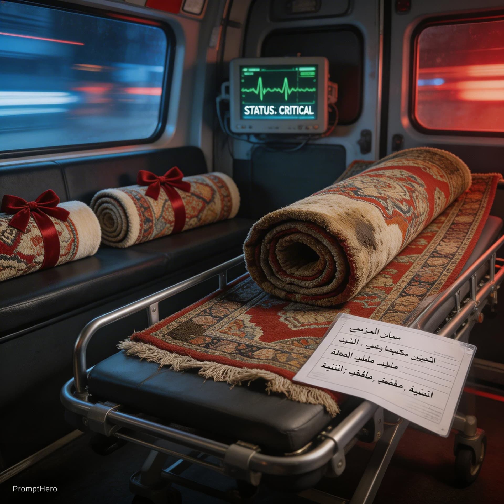 AI generated: A high-detail, cinematic, dark-themed photograph from inside the rear of a moving ambulance. The sce...