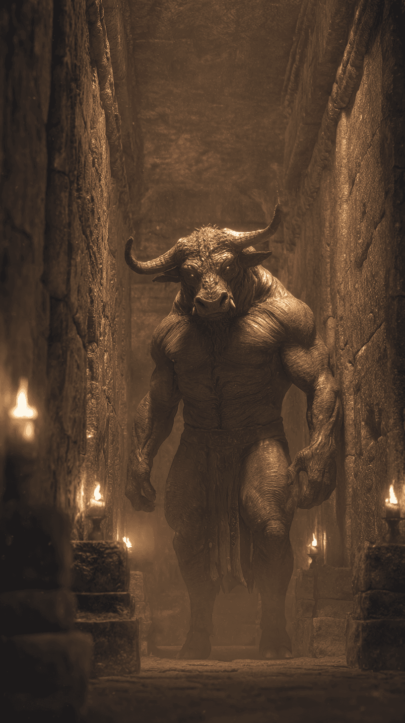 AI generated: A mythological creature from ancient Greek mythology: the Minotaur. Depict a powerful humanoid monst...