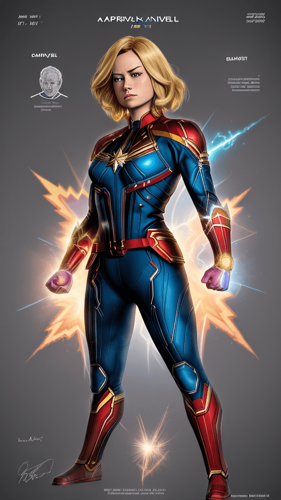 AI generated: blueprints of a Captain Marvel, patent illustration, Captain Marvel weapons, Captain Marvel armour, ...