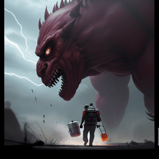 AI generated: Cinematic scene - high angle shot: a scientist carrying chemicals, stands foward to fight a angry lo...