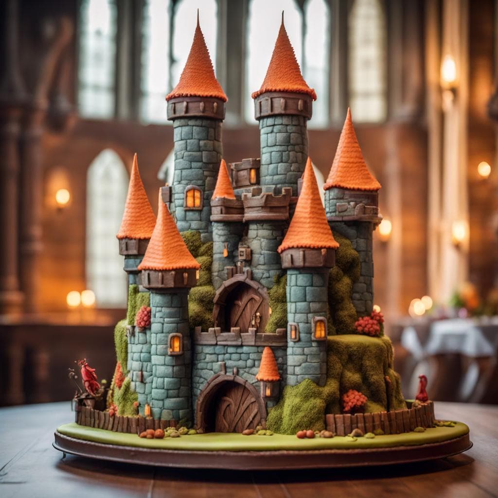 AI generated: a 30 tiered Cake that it replicates a medieval castle, complete with edible turrets, drawbridges, an...