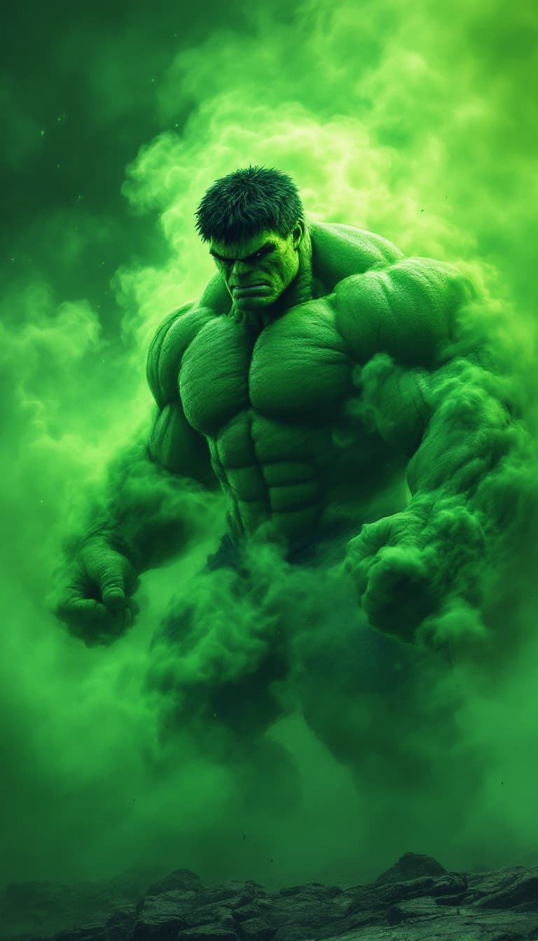 AI generated: green smoke, hulk, muscular body, giant size, 4k, arcane anime style