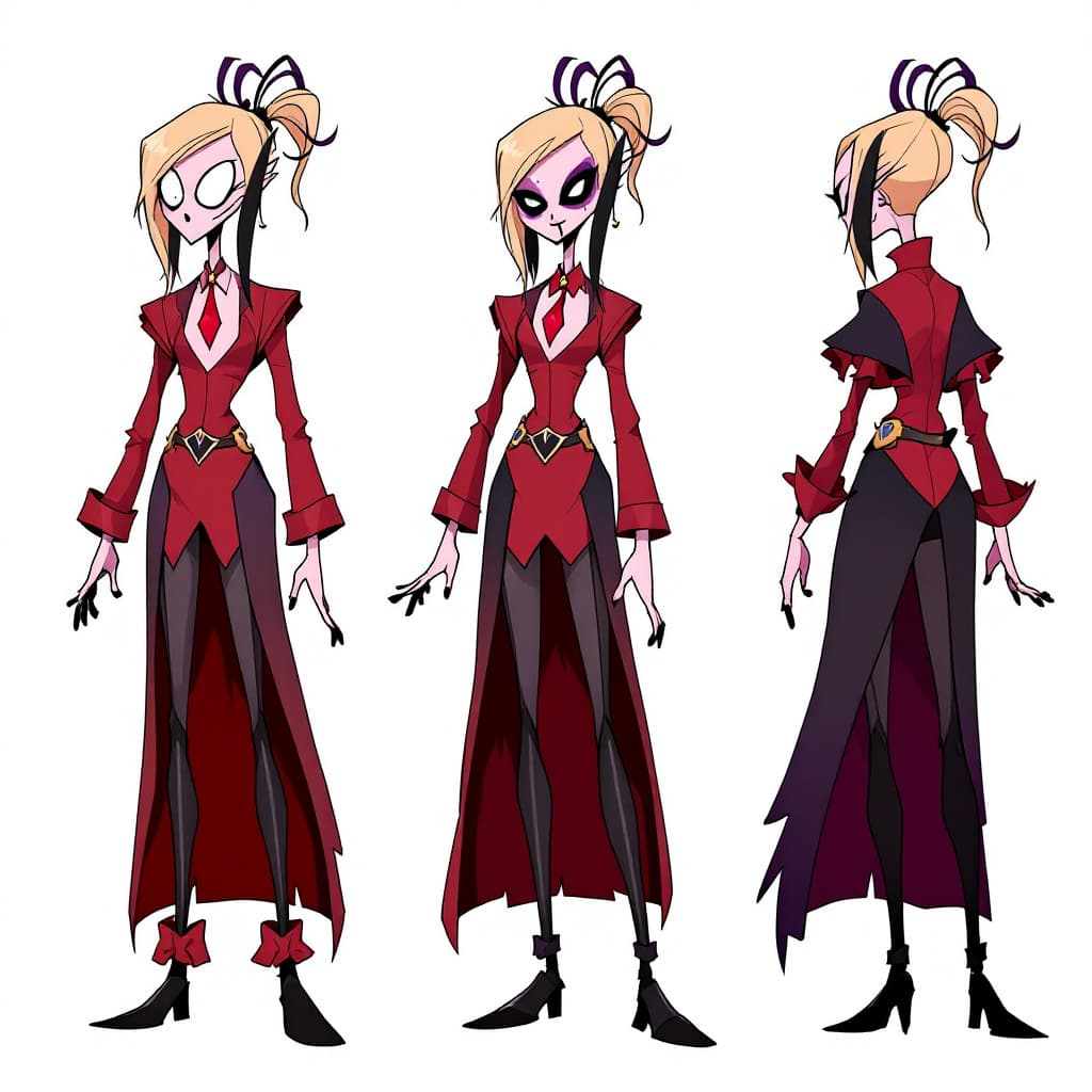 AI generated: Charlie Morningstar from Hazbin Hotel, in the Hazbin Hotel art style, character design.

Create 8 si...