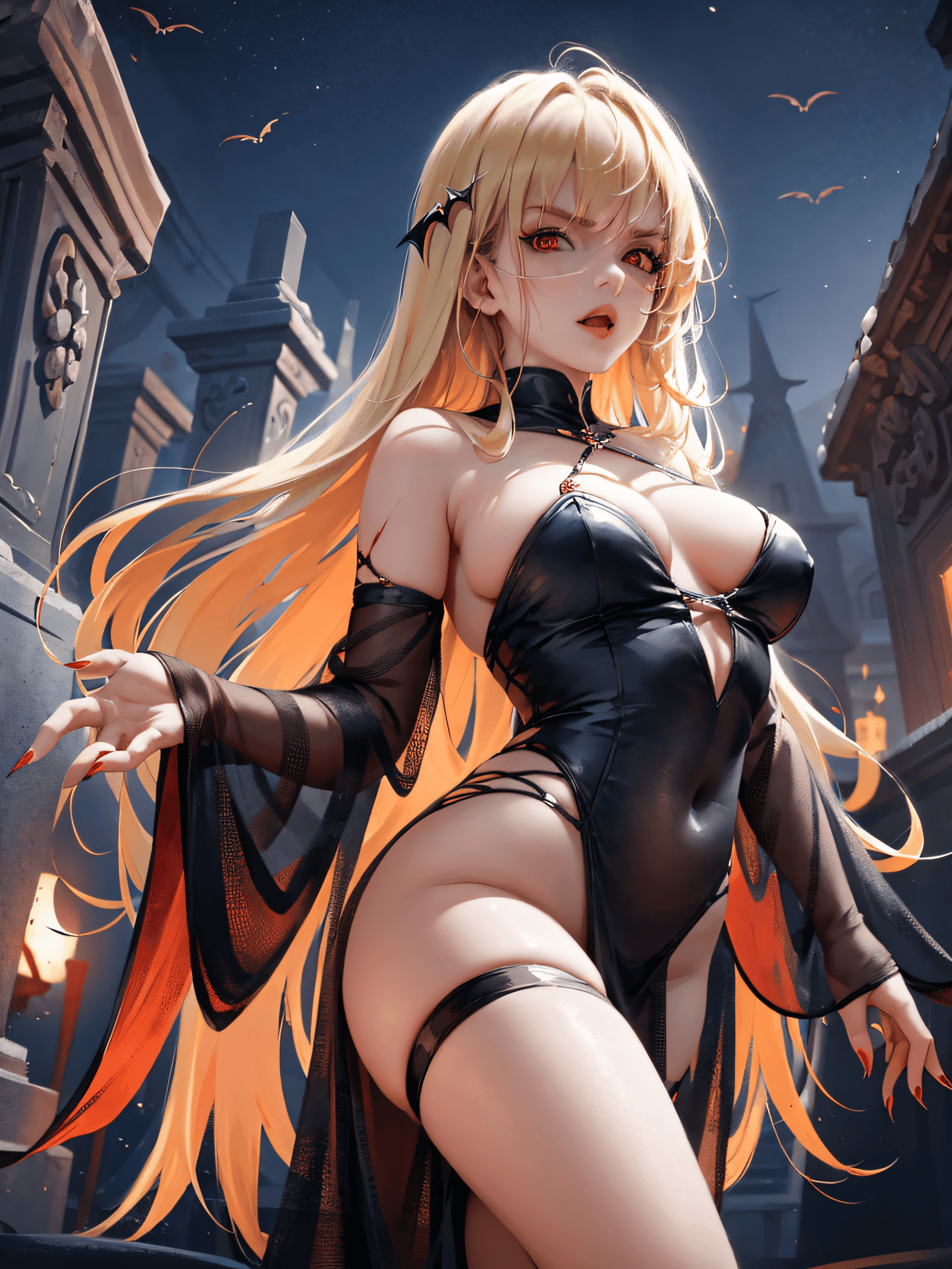 AI generated: A sexy vampire in short white clothes stained with blood, staring at the viewer, full body, flowing ...