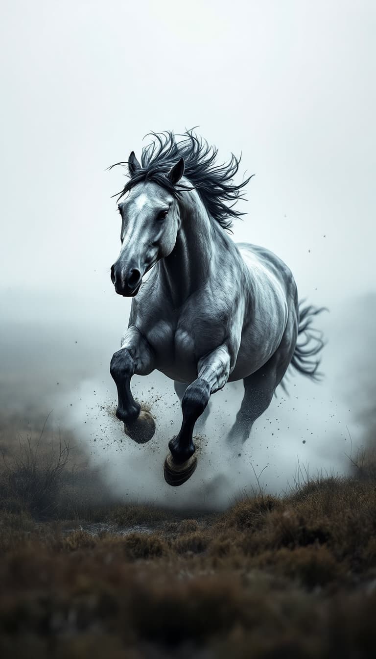 AI generated: field with no threes. a lot of fog. dynamic pose editorial image full body. realistic running gray s...