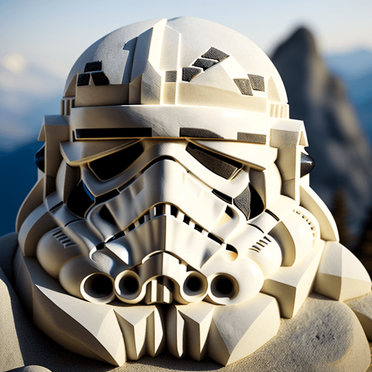 AI generated: stone carving in the likeness of a stormtrooper, on the mountain, intricate details and stunning des...