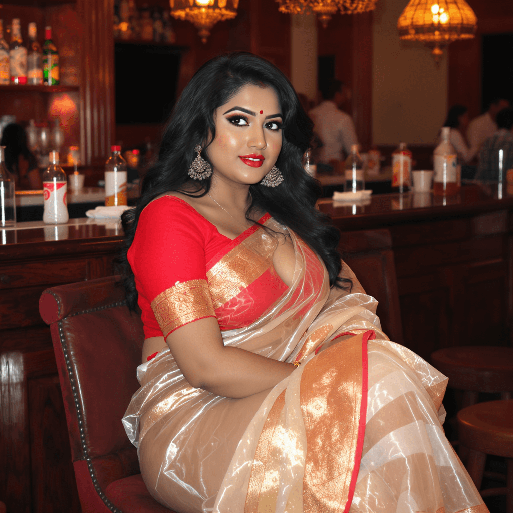 AI generated: curvy indian wearing transparent saree, sitting at bar