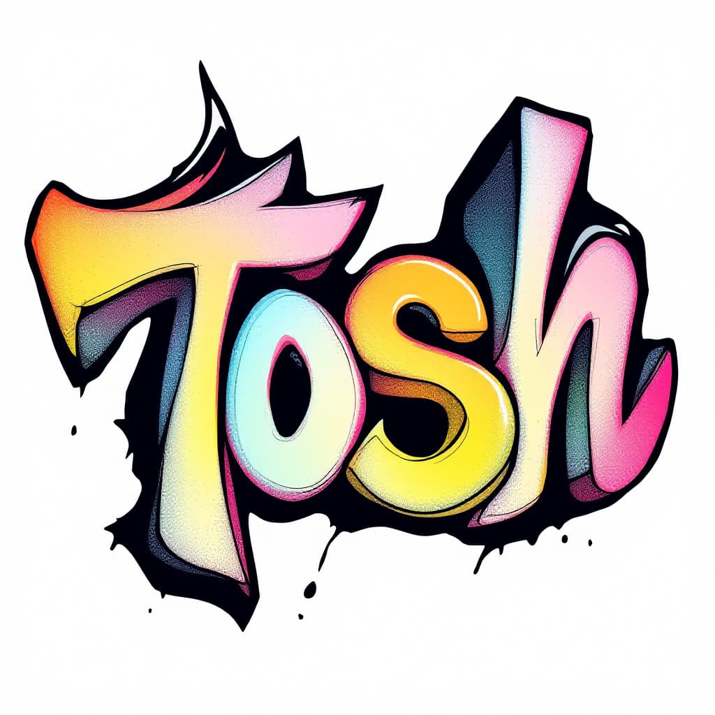 AI generated: a graffiti but cool 'Tosh', isolated on white backgorund. the letters merged and overlapped each oth...