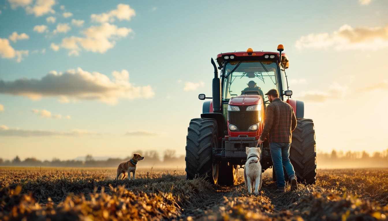 AI generated: a man in farm with tractor and dog help to him