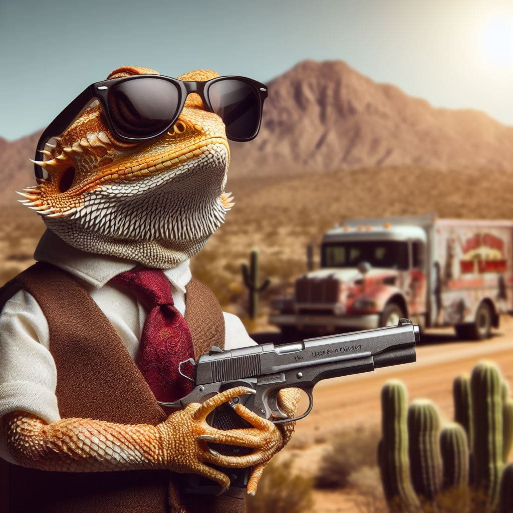 AI generated: Lizard wearing sunglasses holding a gun