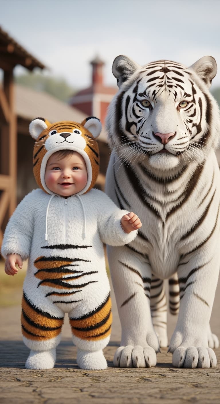 AI generated: A realistic, high-definition image of a baby and a white tiger standing together, both facing the ca...