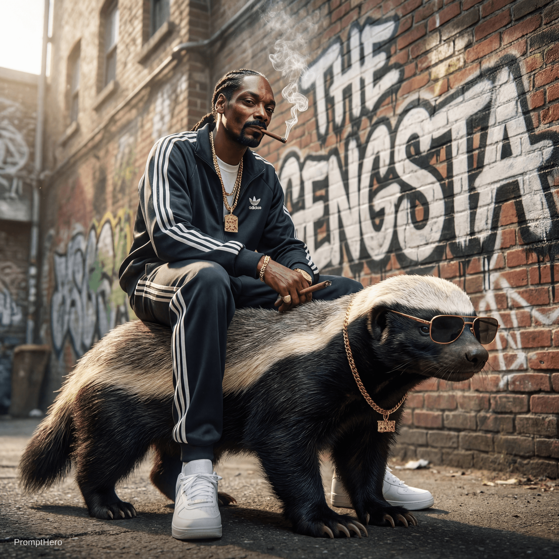 AI generated: Boleh kau buatkan tak? Honey badger snoopdog dalam hyperrealistic mode kat background asa tulisan th...