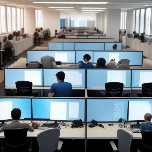 AI generated: an office of an IT company, crowded, everyone programming and talking