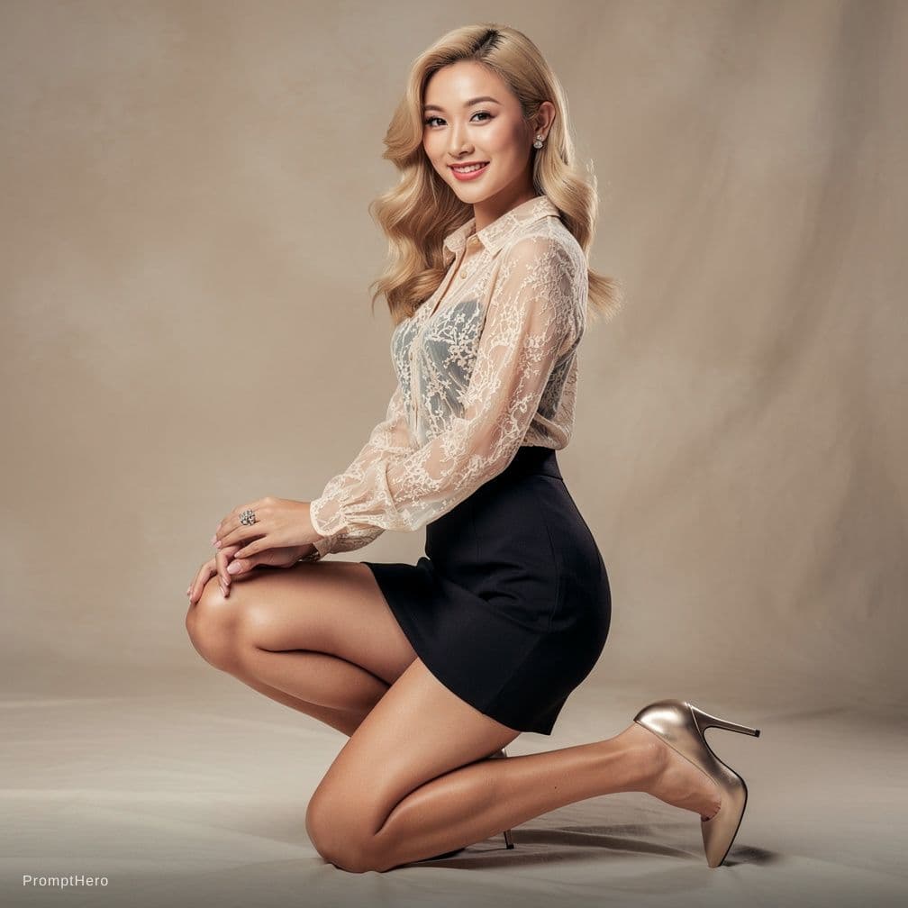 AI generated: Asian MILF with blonde hair with large breasts, lace bra and short skirt and high heels on knees