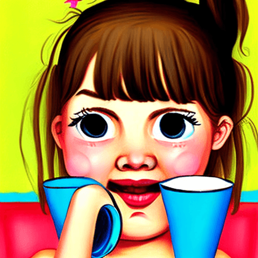 AI generated: puzzled girl with an upsidedown cup; style: cartoon