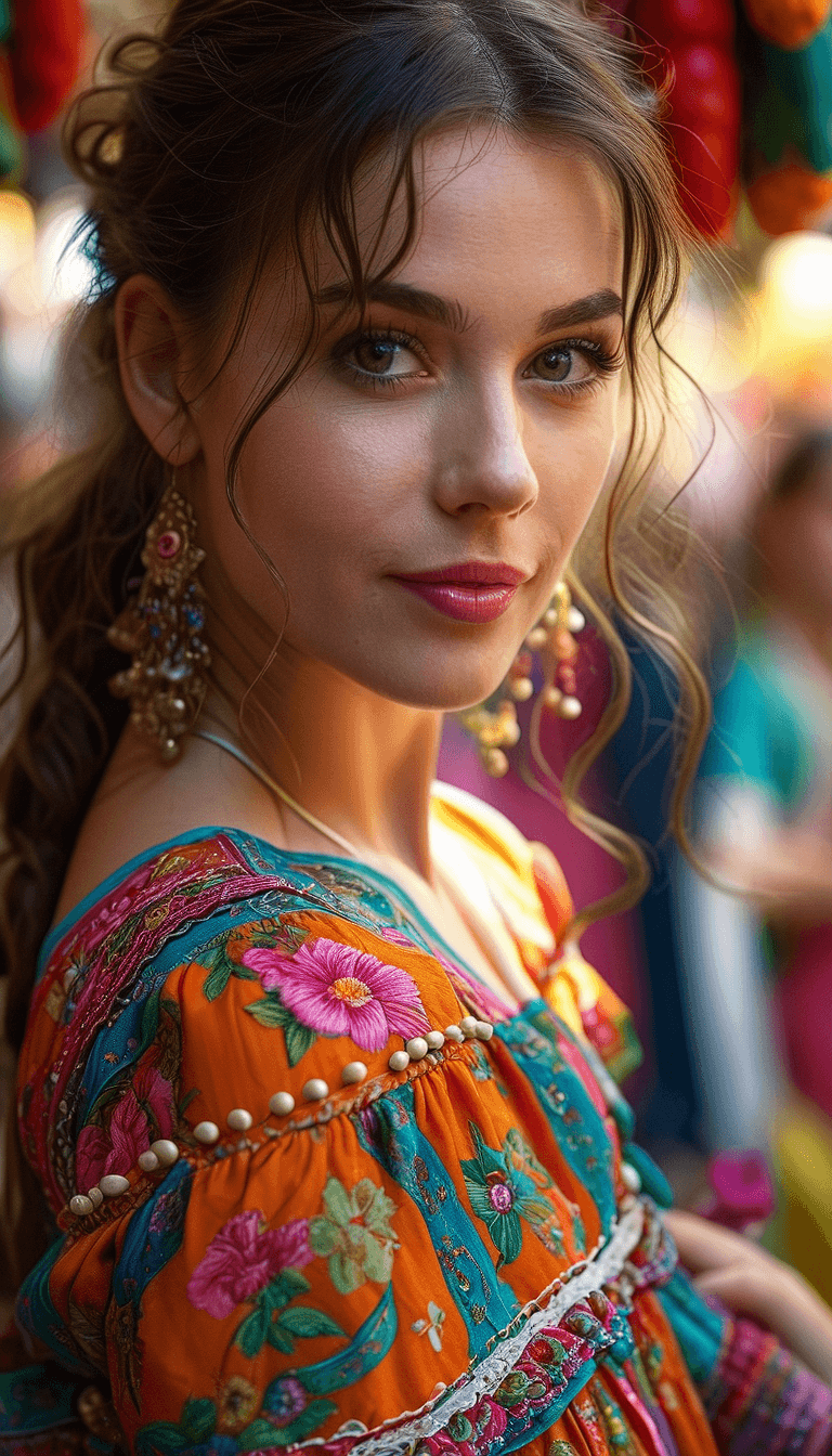 AI generated: A young county girl in market close up, colorful dress, subdued, trending on artstation, sharp focus...