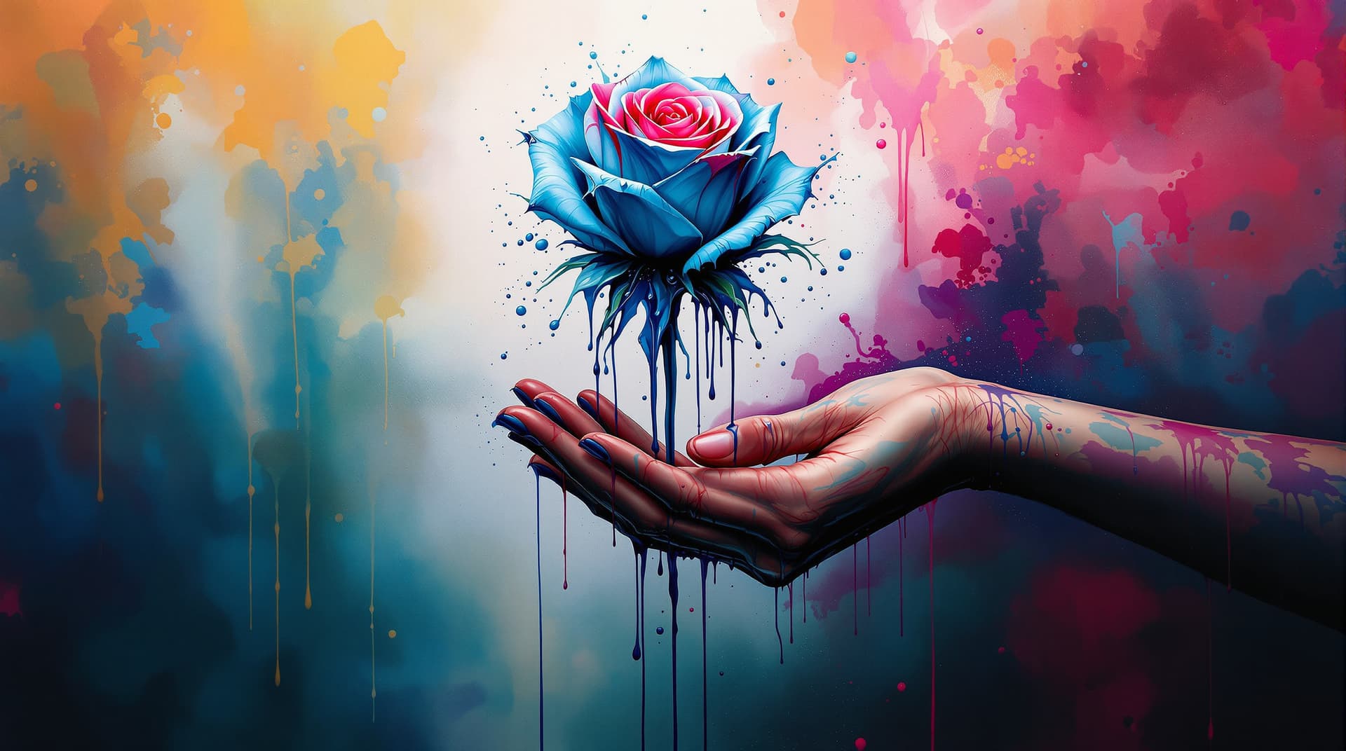AI generated:  random pose,rising from a wet canvas,  two hands hyper realistic with asiatic tatoo skin, giving   ...